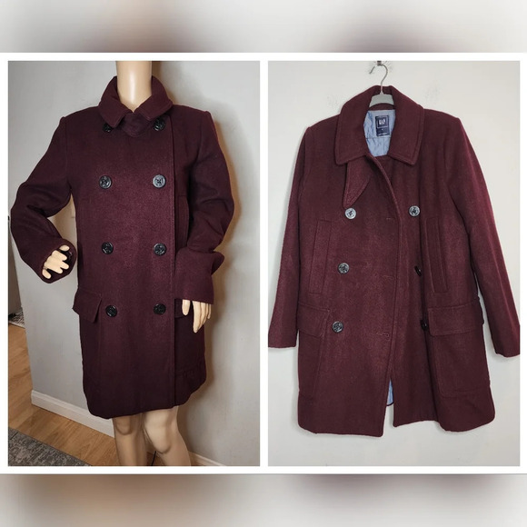 GAP Wool-blend Burgundy Double-breasted Long Pea Coat Heavy Women's Size Large - Picture 1 of 16